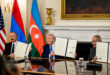 Azerbaijan President Ilham Aliyev, left, and Armenia Nikol Pashinyan sign peace agreement in front of US President Donald Trump aimed at ending decades of conflict at the White House on Friday Aug 8, 2025. Azerbaijan and Armenia fought over Nagorno-Karabakh, an ethnically Armenian enclave in Azerbaijan, in the 1980s and 1990s and violence has flared up in the years since. On Friday, Trump said Armenia and Azerbaijan had promised to stop all fighting forever as well as open up travel, business and diplomatic relations. (White House handout via EYEPRESS)