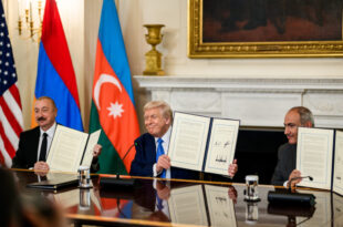Azerbaijan President Ilham Aliyev, left, and Armenia Nikol Pashinyan sign peace agreement in front of US President Donald Trump aimed at ending decades of conflict at the White House on Friday Aug 8, 2025. Azerbaijan and Armenia fought over Nagorno-Karabakh, an ethnically Armenian enclave in Azerbaijan, in the 1980s and 1990s and violence has flared up in the years since. On Friday, Trump said Armenia and Azerbaijan had promised to stop all fighting forever as well as open up travel, business and diplomatic relations. (White House handout via EYEPRESS)